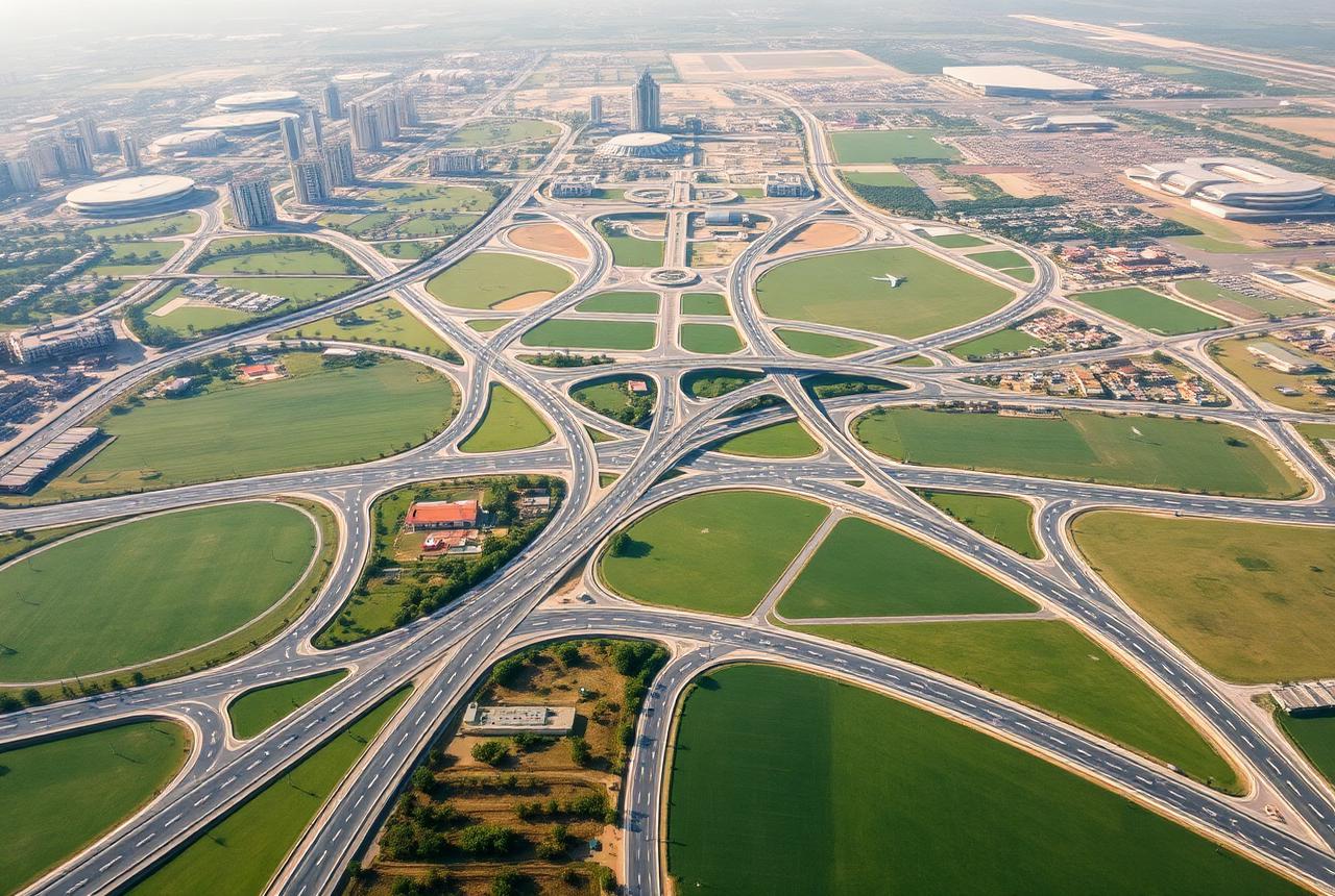 Aerial view of planned smart city road network at Dholera SIR