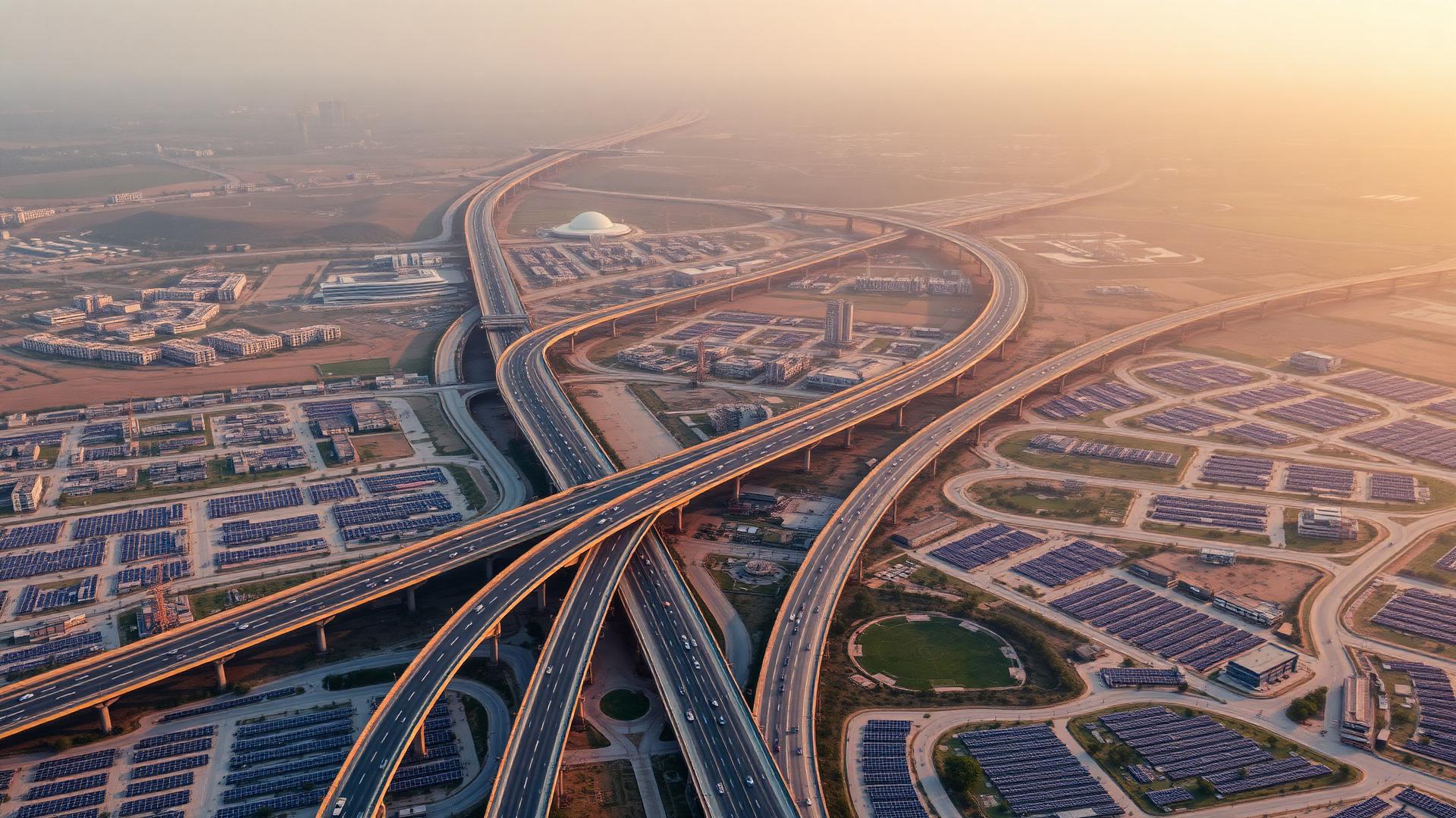 Aerial view of Dholera SIR smart city infrastructure, expressways and solar parks in Gujarat